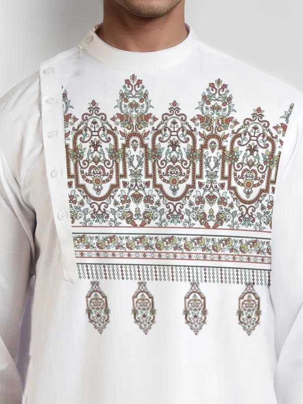 White_Side_Placket_Printed_Kurta_With_Pyjama_Set_For_Men