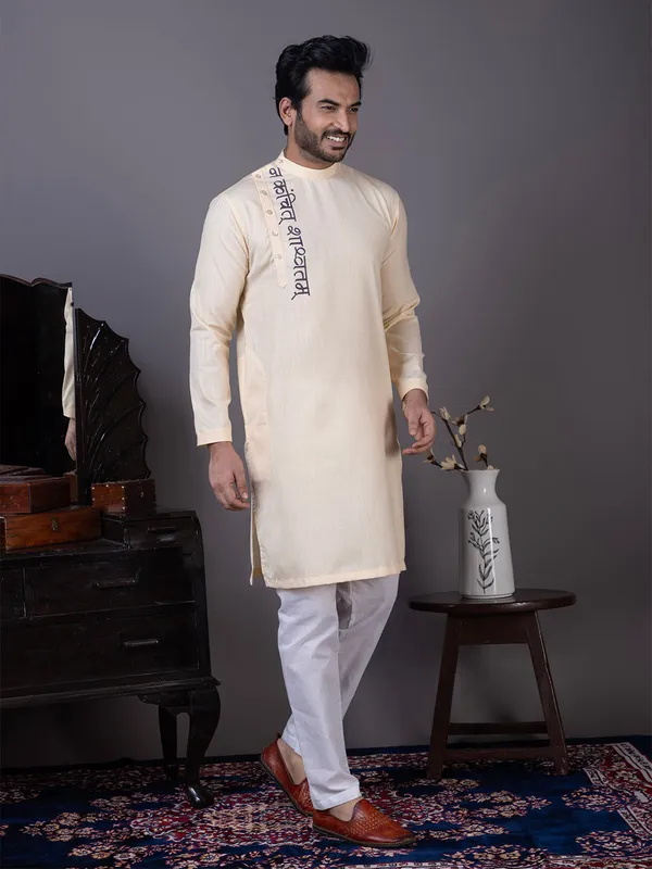 Beige_Cotton_Kurta_Set_With_Print_For_Men