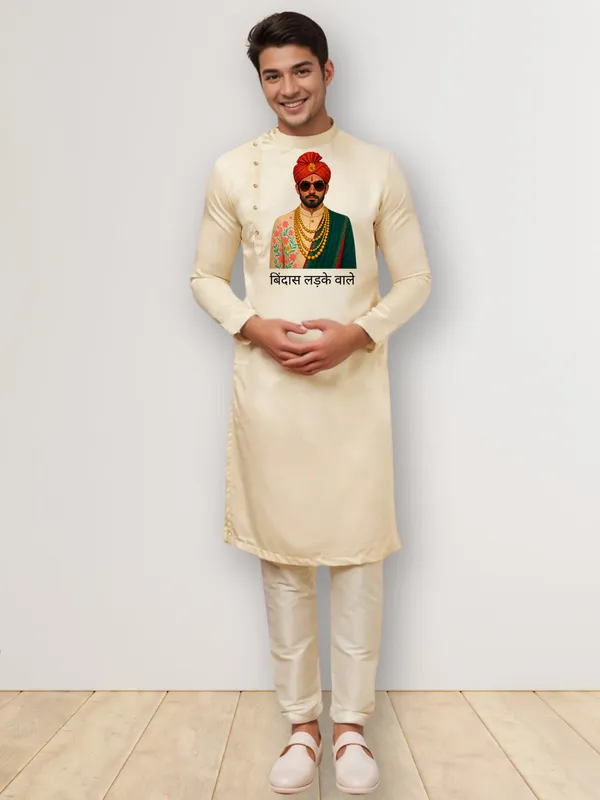 Beige_Side_Placket_Printed_Kurta_With_Pyjama_Set_For_Men