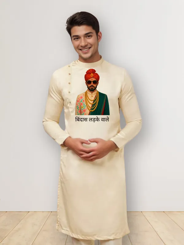 Beige_Side_Placket_Printed_Kurta_With_Pyjama_Set_For_Men