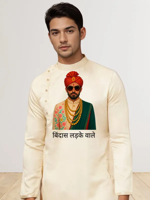 Beige_Side_Placket_Printed_Kurta_With_Pyjama_Set_For_Men