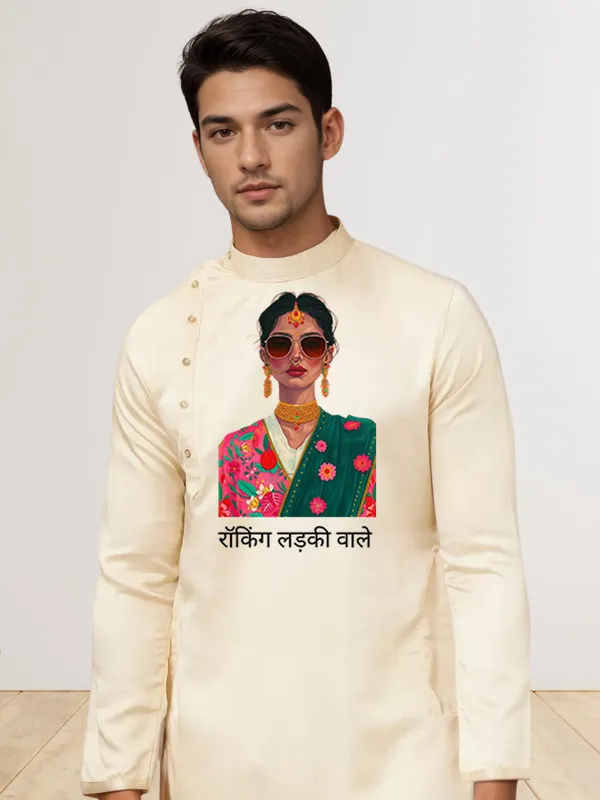 Beige_Side_Placket_Printed_Kurta_With_Pyjama_Set_For_Men