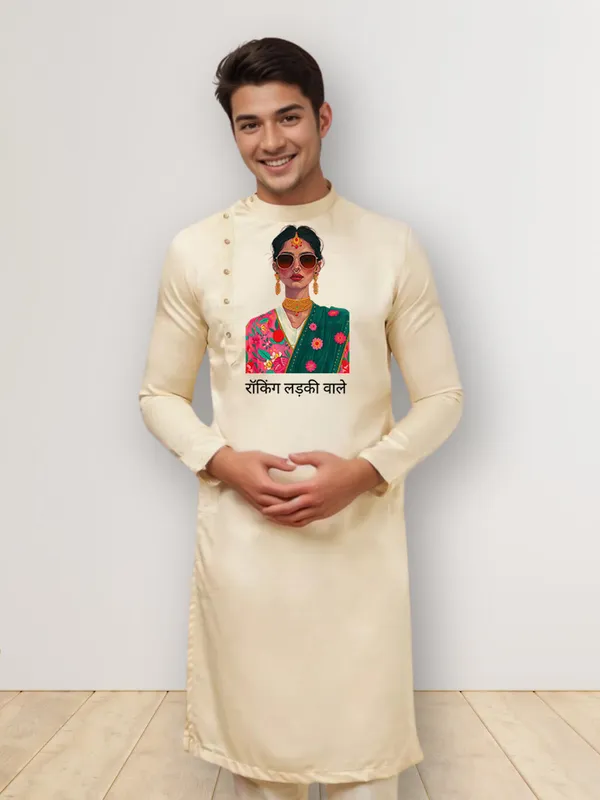 Beige_Side_Placket_Printed_Kurta_With_Pyjama_Set_For_Men