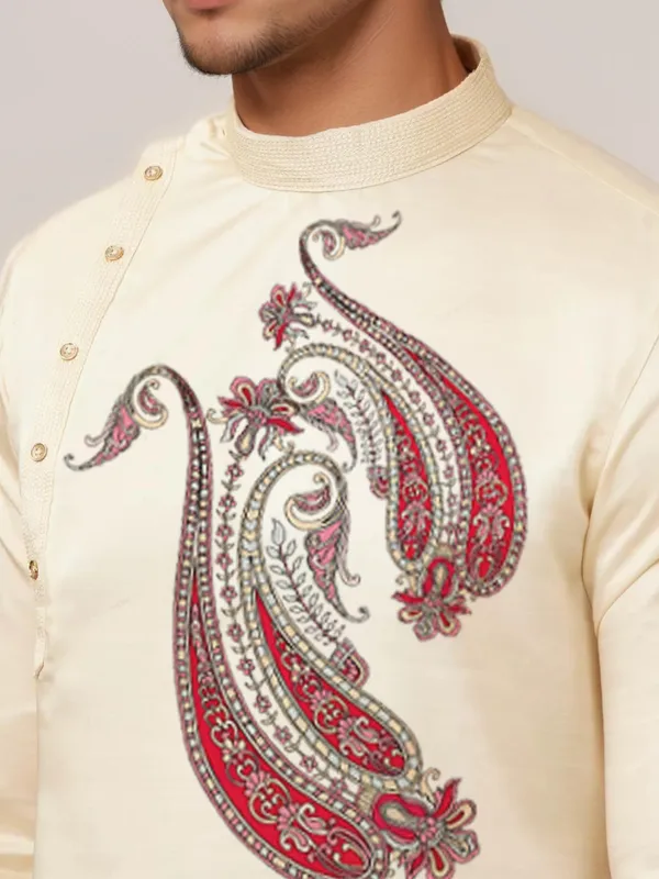 Beige_Side_Placket_Printed_Kurta_With_Pyjama_Set_For_Men