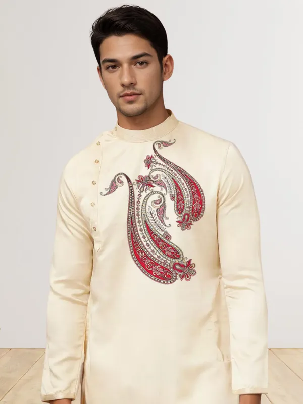 Beige_Side_Placket_Printed_Kurta_With_Pyjama_Set_For_Men