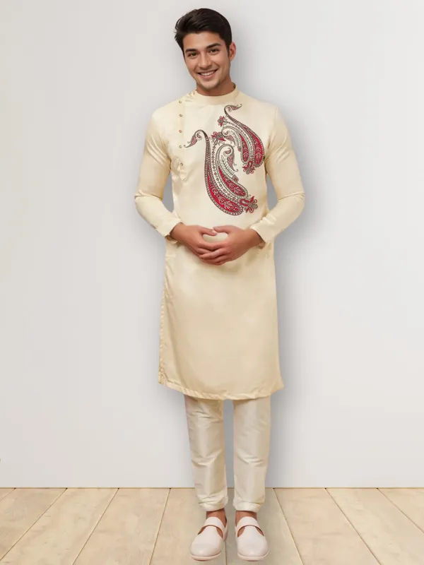 Beige_Side_Placket_Printed_Kurta_With_Pyjama_Set_For_Men