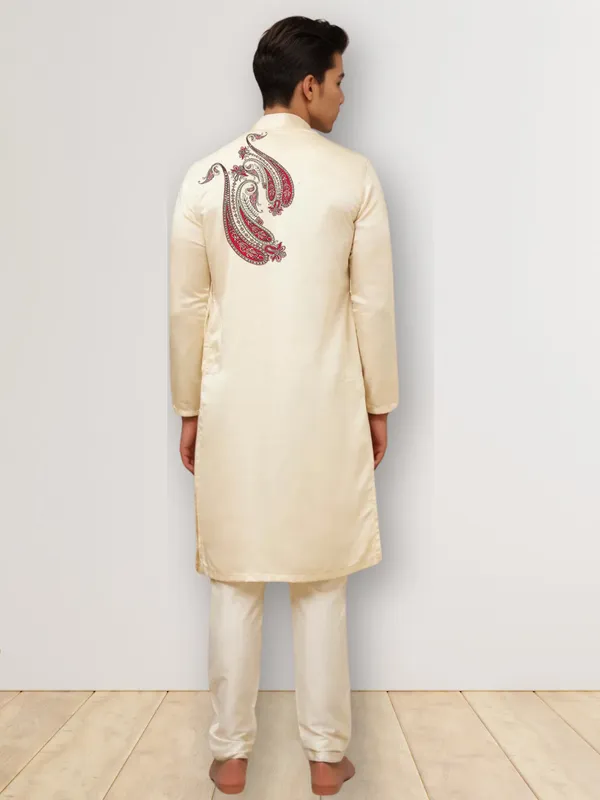 Beige_Side_Placket_Printed_Kurta_With_Pyjama_Set_For_Men