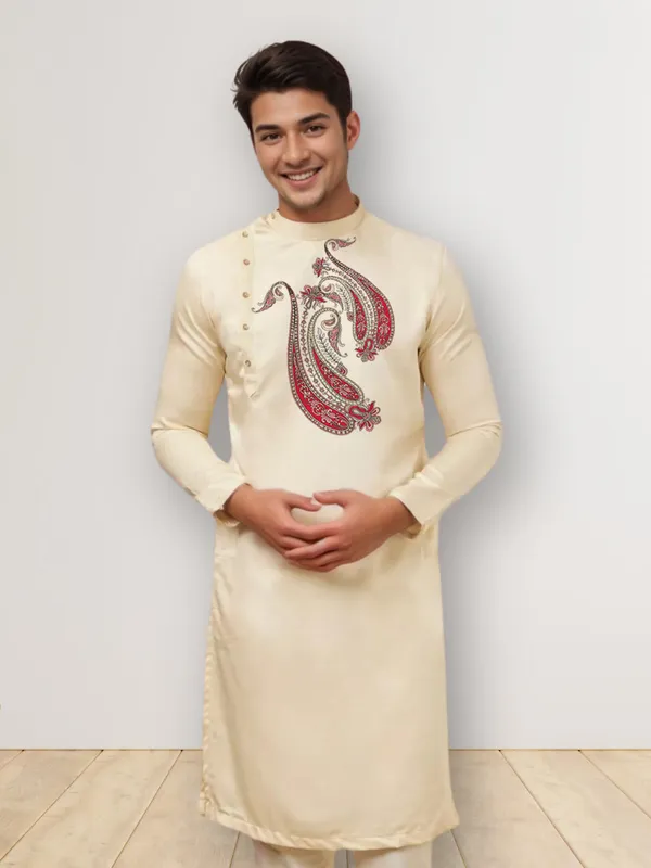 Beige_Side_Placket_Printed_Kurta_With_Pyjama_Set_For_Men