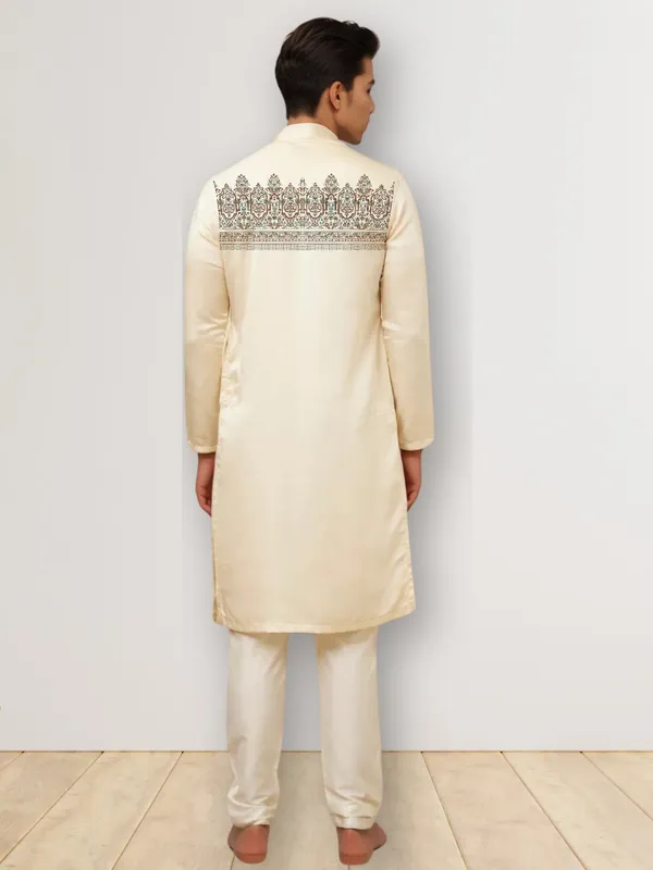 Beige_Side_Placket_Printed_Kurta_With_Pyjama_Set_For_Men