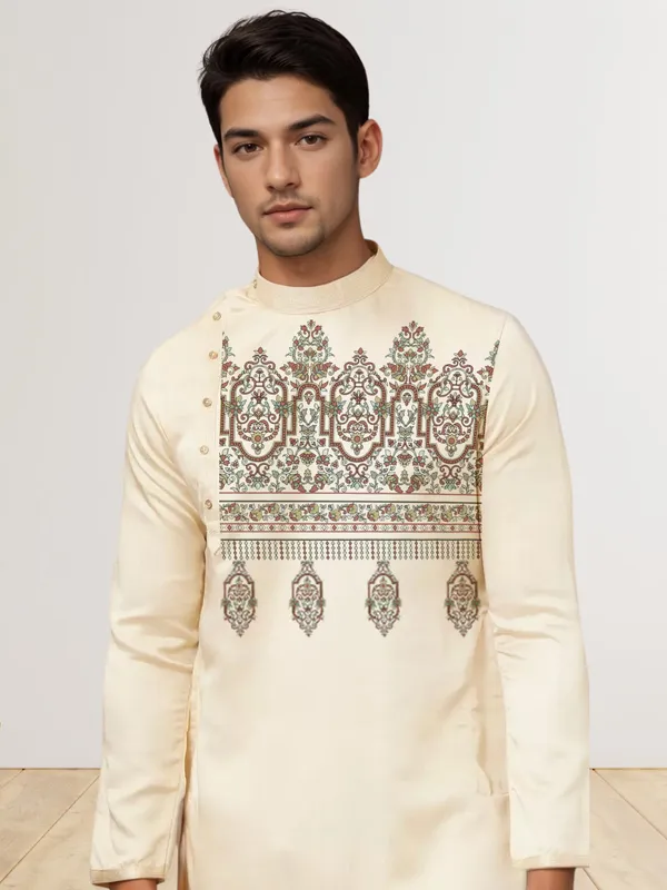 Beige_Side_Placket_Printed_Kurta_With_Pyjama_Set_For_Men