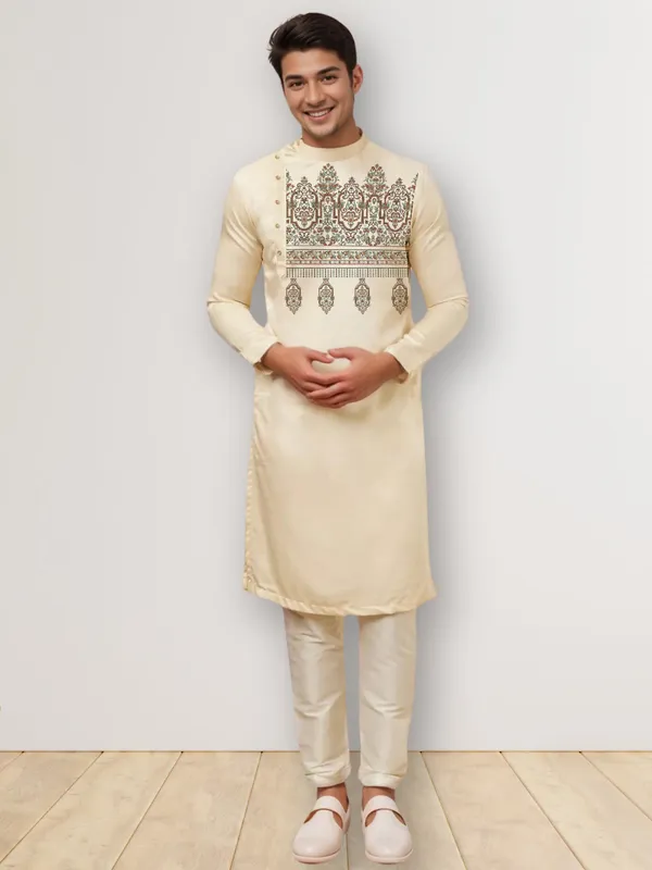 Beige_Side_Placket_Printed_Kurta_With_Pyjama_Set_For_Men