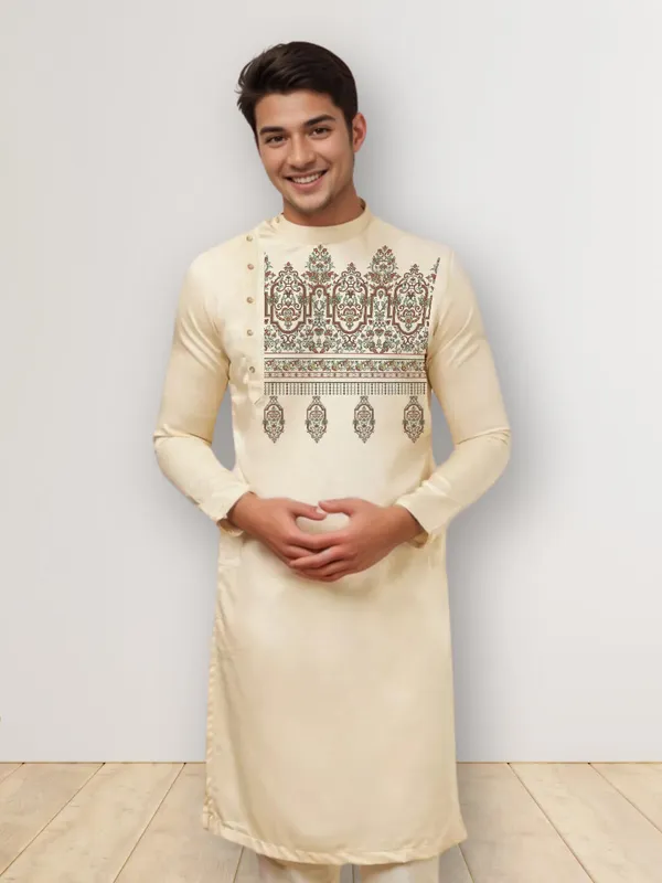 Beige_Side_Placket_Printed_Kurta_With_Pyjama_Set_For_Men