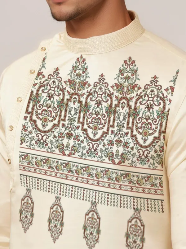 Beige_Side_Placket_Printed_Kurta_With_Pyjama_Set_For_Men