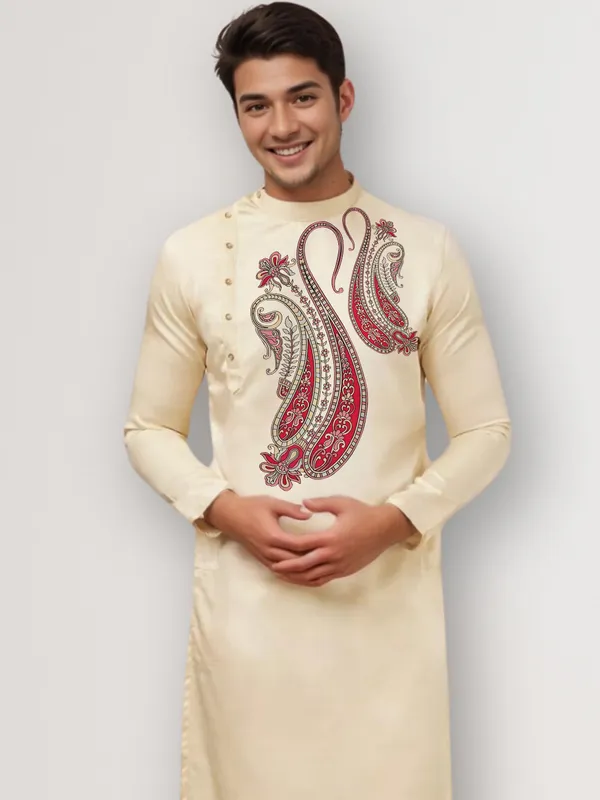Beige_Side_Placket_Printed_Kurta_With_Pyjama_Set_For_Men