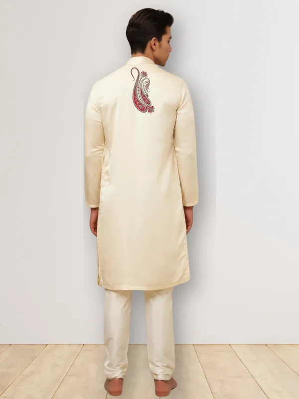 Beige_Side_Placket_Printed_Kurta_With_Pyjama_Set_For_Men