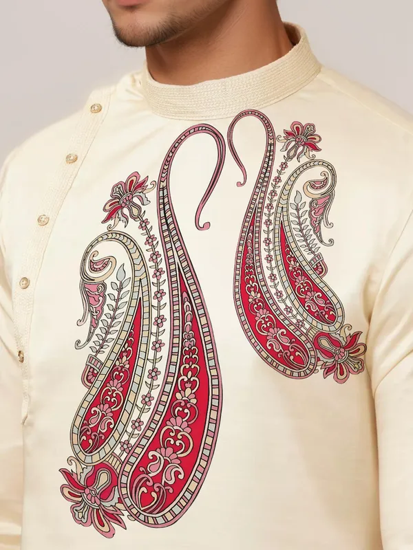Beige_Side_Placket_Printed_Kurta_With_Pyjama_Set_For_Men