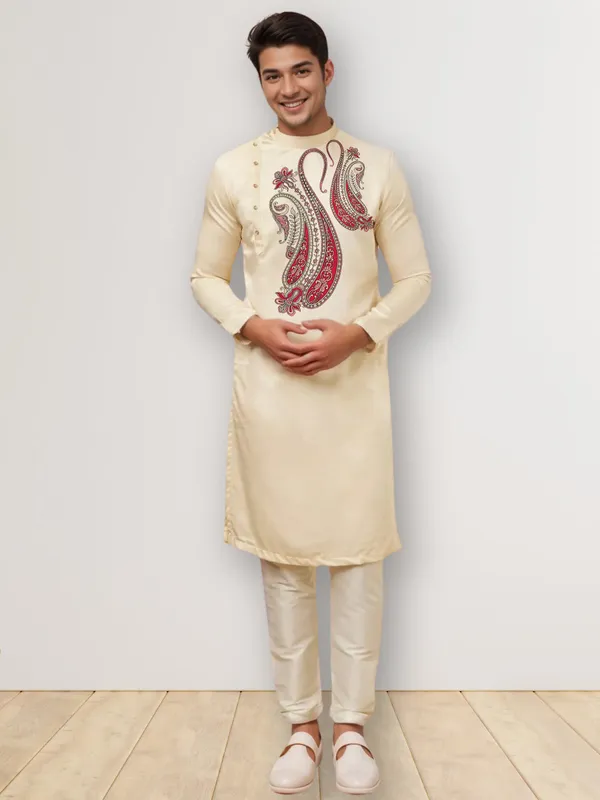 Beige_Side_Placket_Printed_Kurta_With_Pyjama_Set_For_Men