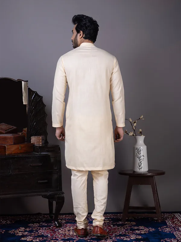 Beige_Side_Placket_Printed_Kurta_With_Pyjama_Set_For_Men