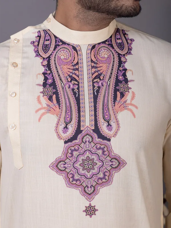 Beige_Side_Placket_Printed_Kurta_With_Pyjama_Set_For_Men