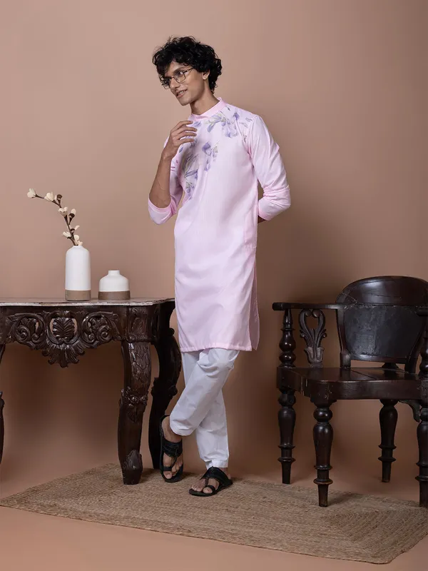 Pink_Printed_Kurta_With_Pyjama_Set_For_Men
