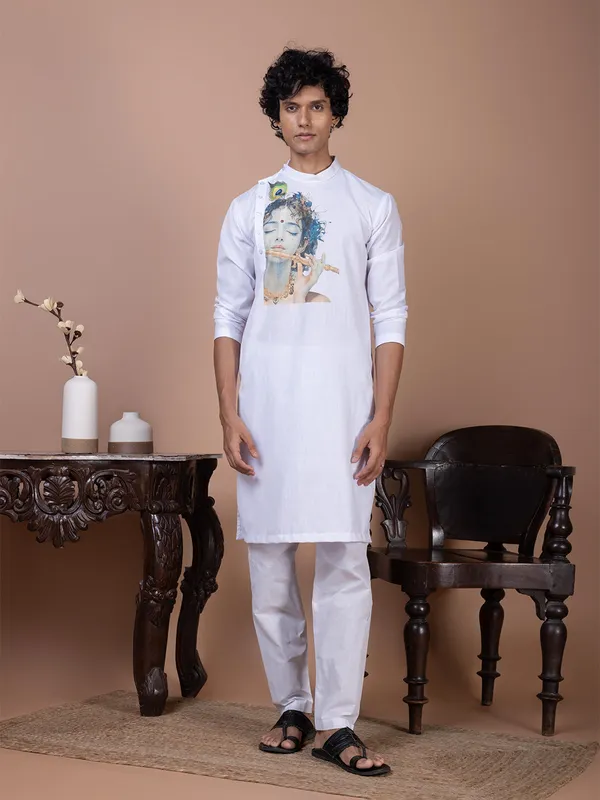 White_Side_Placket_Printed_Kurta_With_Pyjama_Set_For_Men
