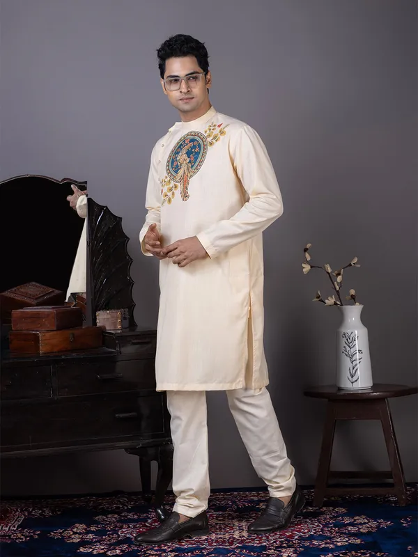 Beige_Cotton_Kurta_With_Print_Pyjama_Set_For_Men