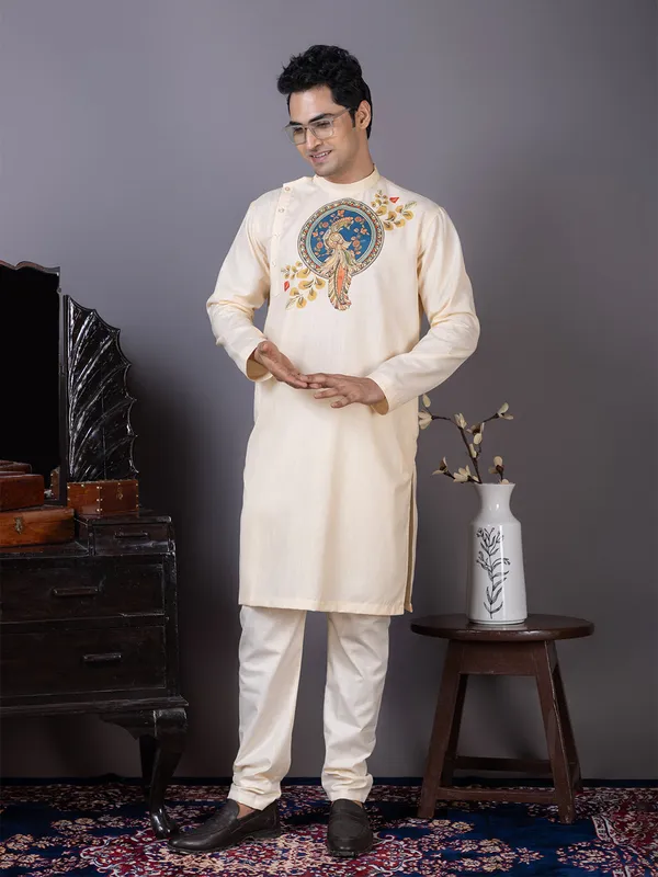 Beige_Cotton_Kurta_With_Print_Pyjama_Set_For_Men