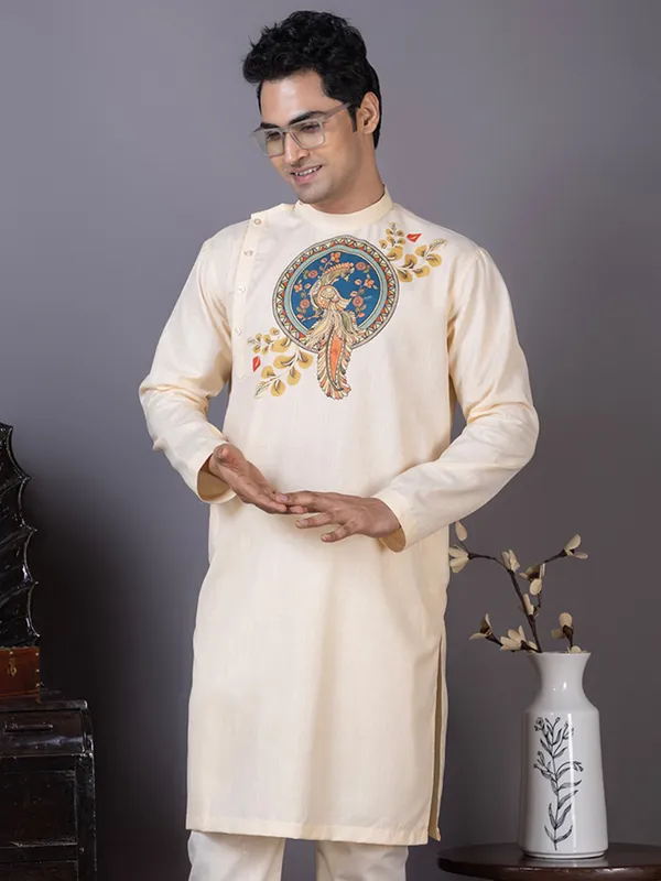 Beige_Cotton_Kurta_With_Print_Pyjama_Set_For_Men