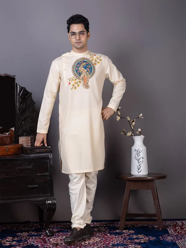 Beige_Cotton_Kurta_With_Print_Pyjama_Set_For_Men