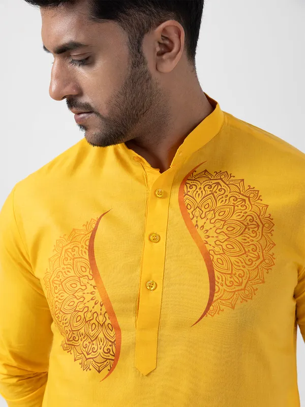 Yellow_Ethnic_Motifs_Printed_Band_Collar_Kurta_With_Pyjama_Set_For_Men