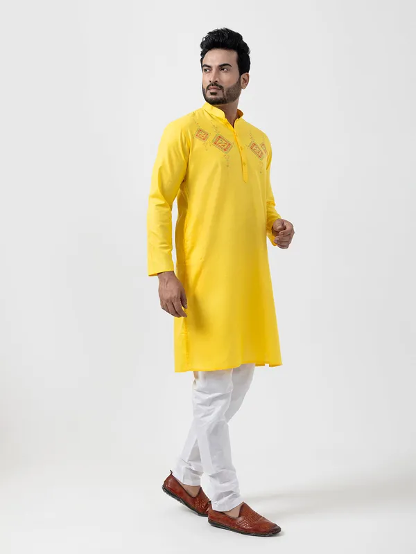 Yellow_Band_Collar_Cotton_Straight_Kurta_With_Pyjama_Set_For_Men