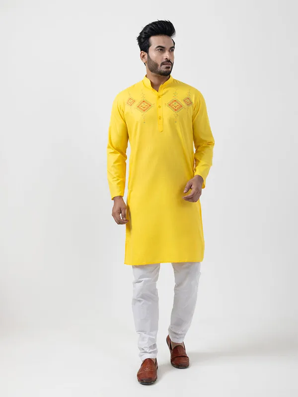 Yellow_Band_Collar_Cotton_Straight_Kurta_With_Pyjama_Set_For_Men