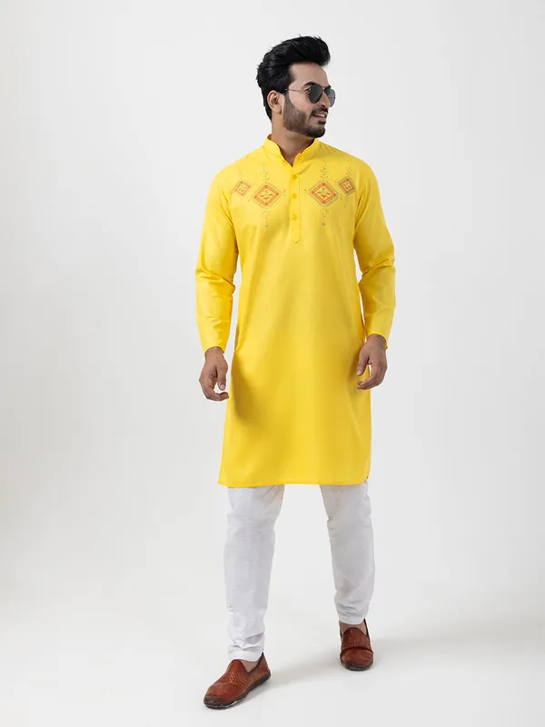 Yellow_Band_Collar_Cotton_Straight_Kurta_With_Pyjama_Set_For_Men