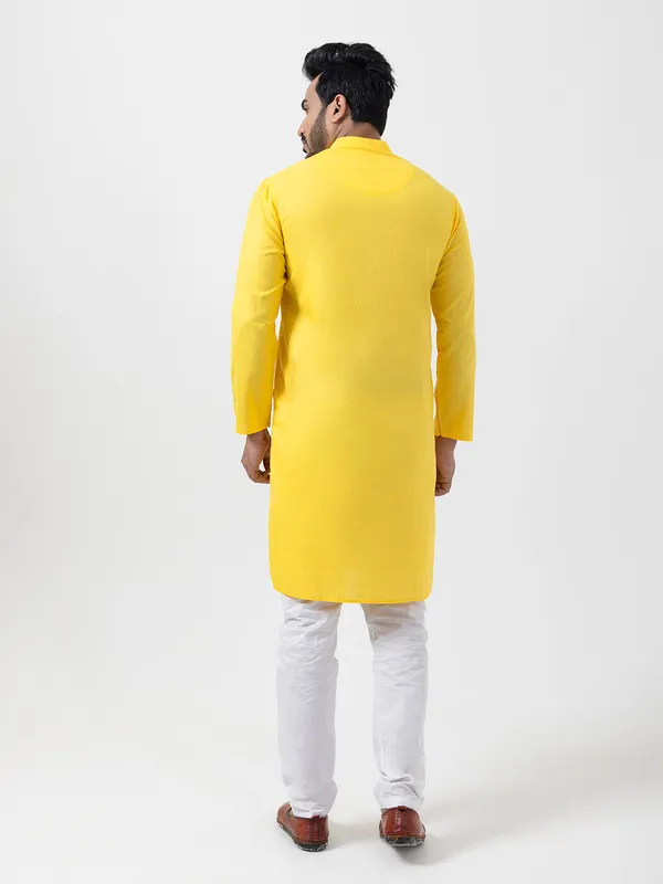 Yellow_Band_Collar_Cotton_Straight_Kurta_With_Pyjama_Set_For_Men