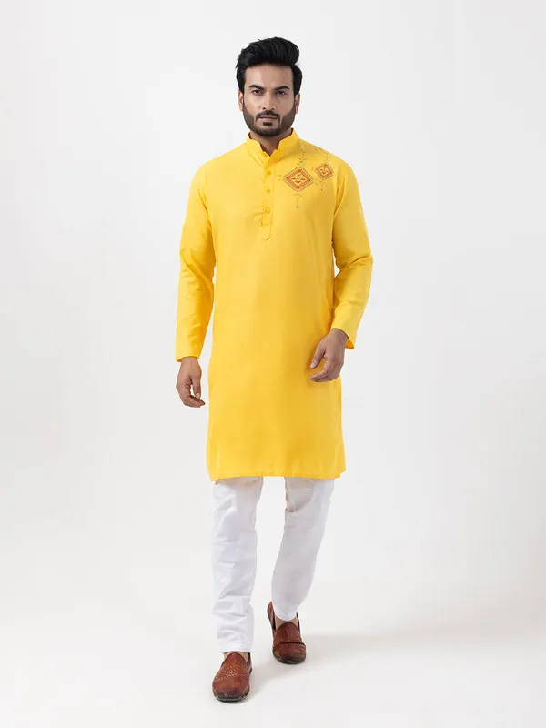 Yellow_Band_Collar_Cotton_Straight_Kurta_With_Pyjama_Set_For_Men