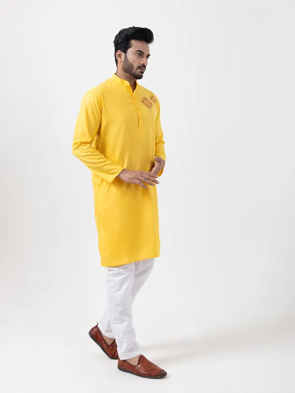 Yellow_Band_Collar_Cotton_Straight_Kurta_With_Pyjama_Set_For_Men
