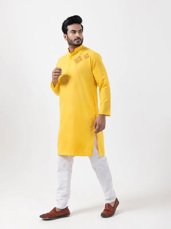 Yellow_Band_Collar_Cotton_Straight_Kurta_With_Pyjama_Set_For_Men