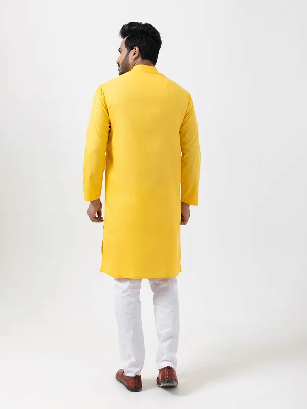 Yellow_Band_Collar_Cotton_Straight_Kurta_With_Pyjama_Set_For_Men