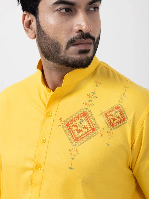 Yellow_Band_Collar_Cotton_Straight_Kurta_With_Pyjama_Set_For_Men
