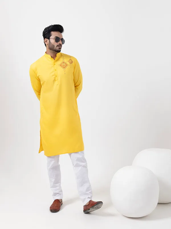 Yellow_Band_Collar_Cotton_Straight_Kurta_With_Pyjama_Set_For_Men