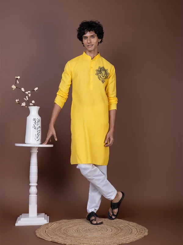 Yellow_Printed_Kurta_Pyjama_Set_For_Men