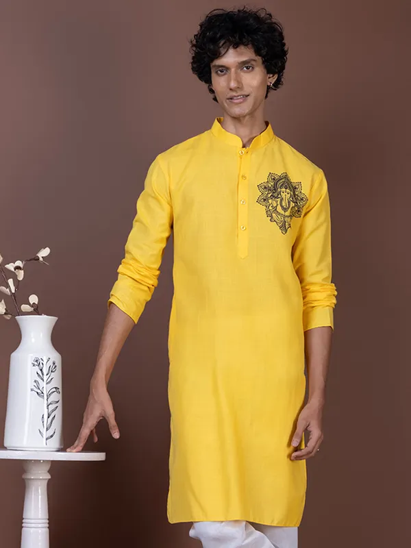 Yellow_Printed_Kurta_Pyjama_Set_For_Men