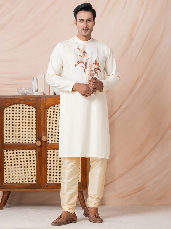 Beige_Side_Placket_Printed_Kurta_With_Pyjama_Set_For_Men