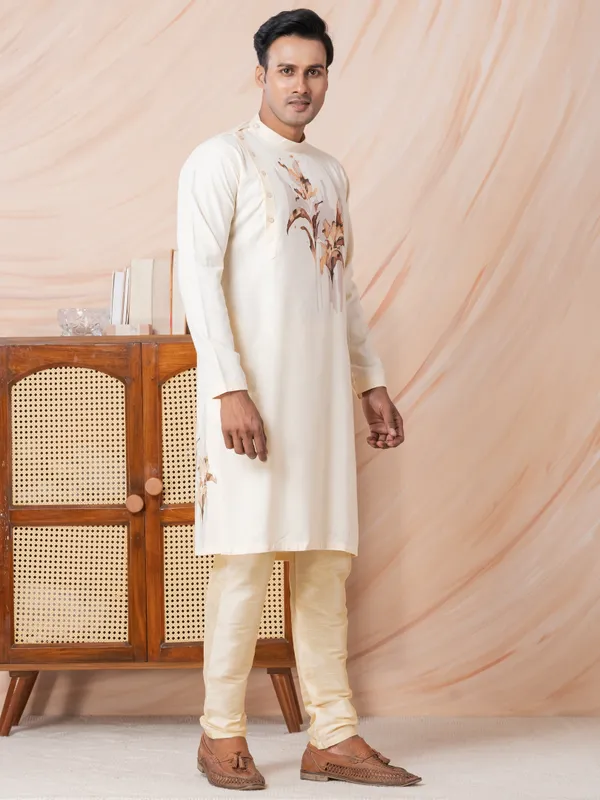Beige_Side_Placket_Printed_Kurta_With_Pyjama_Set_For_Men