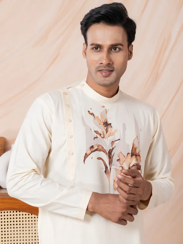 Beige_Side_Placket_Printed_Kurta_With_Pyjama_Set_For_Men
