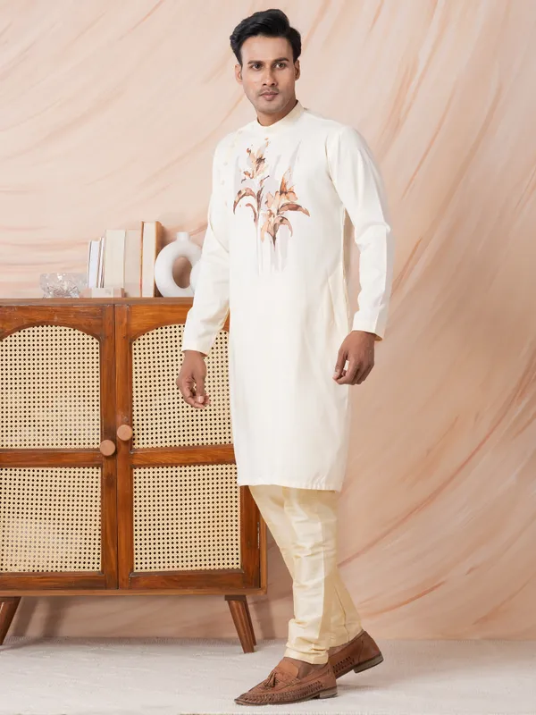 Beige_Side_Placket_Printed_Kurta_With_Pyjama_Set_For_Men
