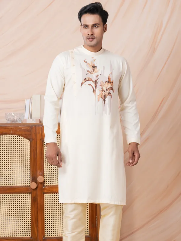 Beige_Side_Placket_Printed_Kurta_With_Pyjama_Set_For_Men