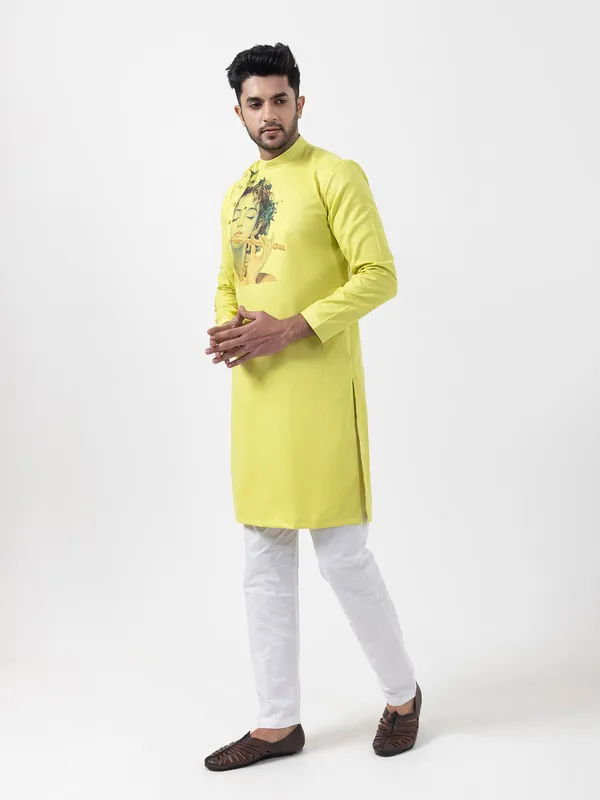Lime_Green_Side_Placket_Printed_Kurta_With_Pyjama_Set_For_Men