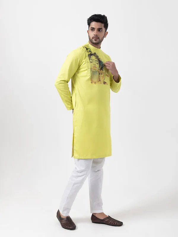 Lime_Green_Side_Placket_Printed_Kurta_With_Pyjama_Set_For_Men