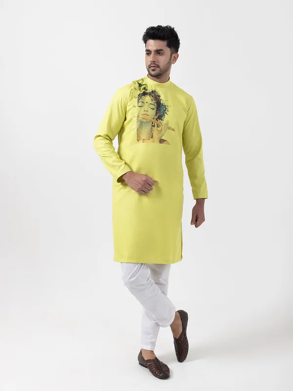 Lime_Green_Side_Placket_Printed_Kurta_With_Pyjama_Set_For_Men